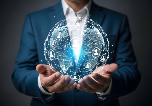 Businessman holding global network connection hologram representing worldwide connectivity