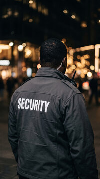 Back view of a security guard in a dark jacket with the word "SECURITY" in white, in a bokeh-lit urban environment, symbolizing safety and protection