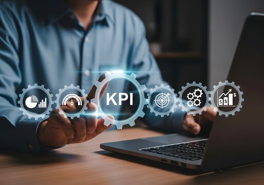 Businessman touching a digital screen interface to analyze key performance indicators kpi