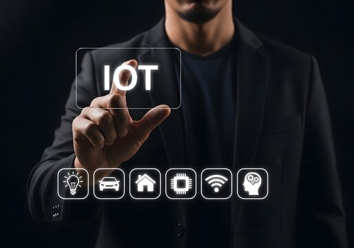 Businessman touching a virtual iot interface with connected smart home and device icons display