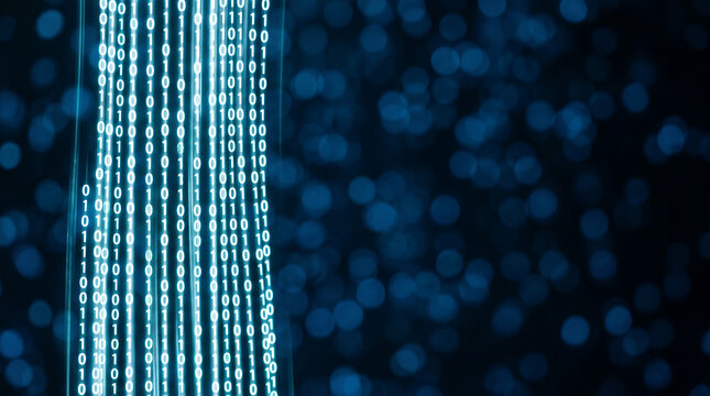 Glowing blue binary code cascades against a dark background with bokeh lights, symbolizing data, technology, and digital information flow