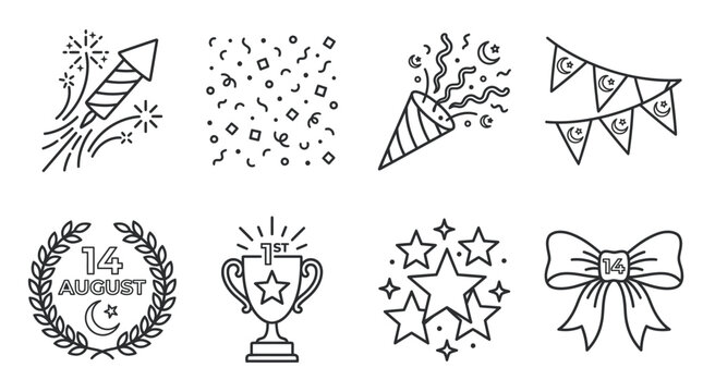 Pakistan 14 August Celebration Line Icon Set of 8, Firework Confetti Party Pennant Laurel Trophy Star Ribbon Outline Vector Editable Stroke Illustration