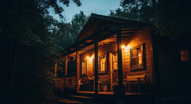 Cozy Wooden Cabin Illuminated At Dusk Creates Inviting Atmosphere