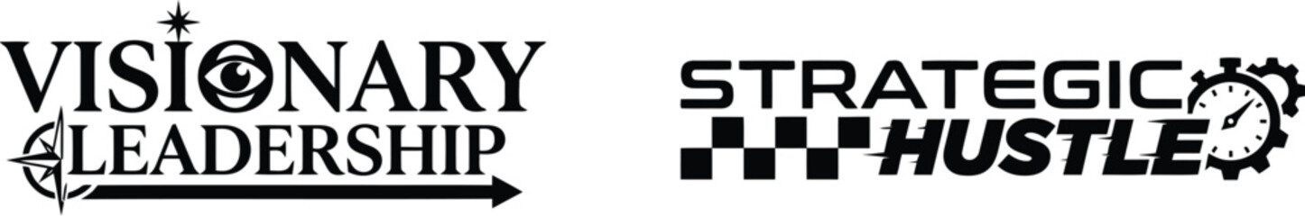 Black and white typography design featuring the phrases visionary leadership and strategic hustle with gear and target icons © md