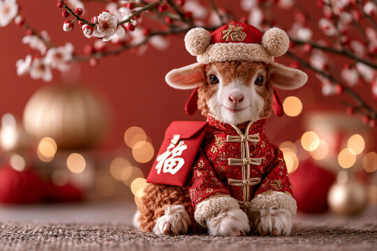 A cute little goat with red curly fur holding a red hongbao envelope against background of plum blossoms. 2027 Year of the Goat. Chinese New Year celebration. Funny animal for poster, card