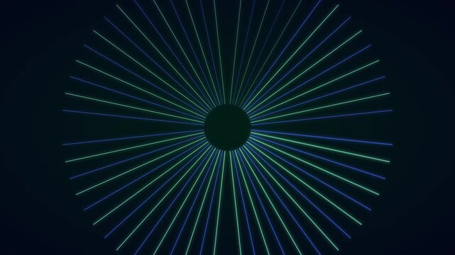 Abstract neon light radial pattern animation 4k background, with pulsing blue, and green glowing lines