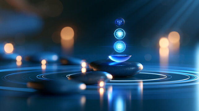 3D render illustration combining chakra symbolism with a serene blue meditation atmosphere, spiritual wellness art, with copy space