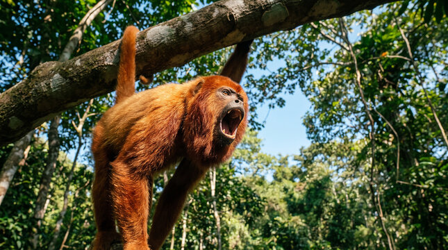 Dynamic shot of a red howler monkey roaring loudly while hanging from a thick branch high in the Amazon rainforest canopy. Highly detailed orange-red fur blows in the wind.