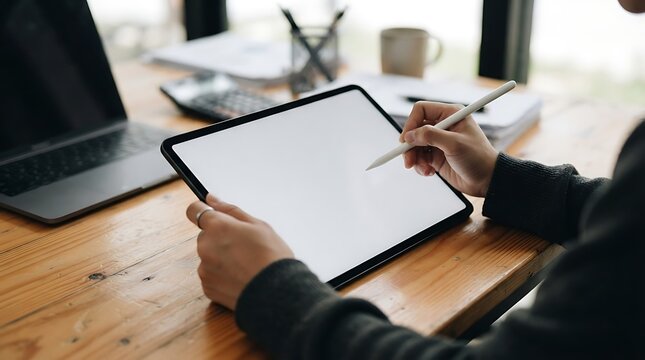 Person holding a blank tablet with a stylus, sitting at a wooden desk with a laptop, calculator, and papers in a bright office setting