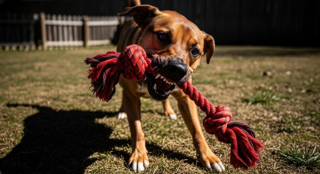 Energetic Dog Grips Red Rope Toy During Outdoor Playtime Session
