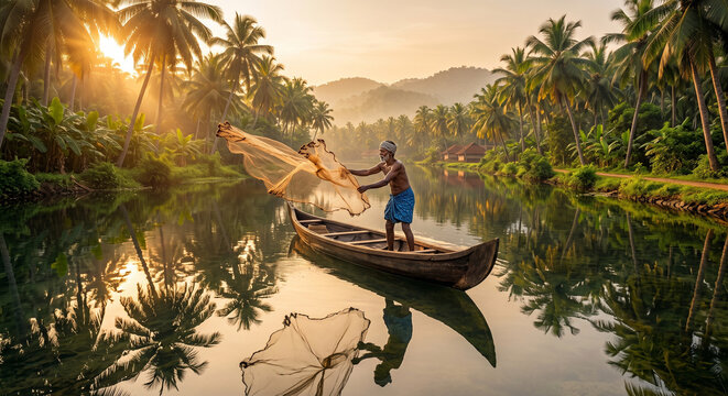 Traditional Kerala fisherman casting fishing net across peaceful tropical backwaters showcasing authentic rural livelihood and cultural heritage