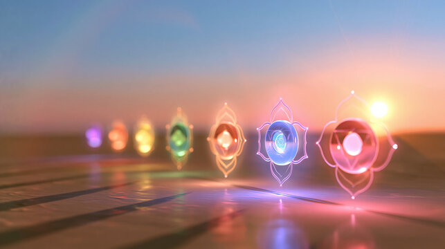 3D render of seven chakra symbols aligned along the horizon line beneath a glowing pink sunset sky, spiritual energy visualization, with copy space