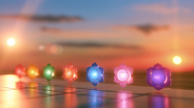 3D render of seven chakra symbols aligned along the horizon line beneath a glowing pink sunset sky, spiritual energy visualization, with copy space