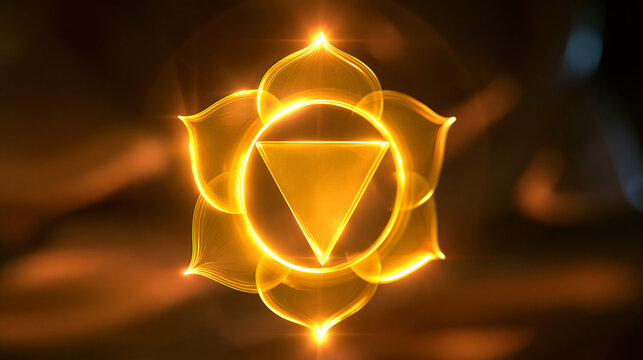 3D render of a glowing yellow solar plexus chakra energy symbol during a meditation session, spiritual confidence and willpower concept, with copy space