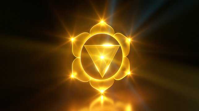 3D render of a glowing yellow solar plexus chakra energy symbol during a meditation session, spiritual confidence and willpower concept, with copy space
