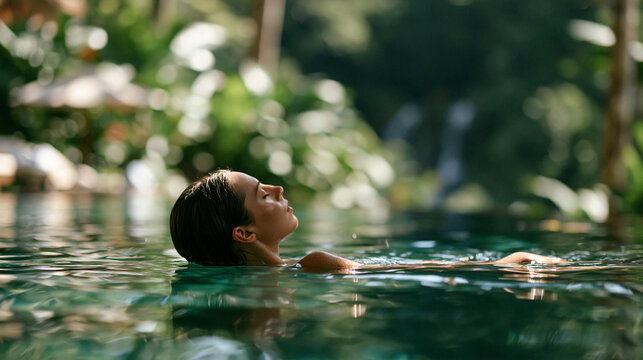Luxury wellness retreat scene featuring a faceless woman floating peacefully in a secluded jungle infinity pool, surrounded by lush tropical greenery and distant waterfalls, with
