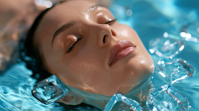 Serene faceless woman floating in blue water with ice cubes, top view of a calm face with closed eyes in cold liquid, spa wellness concept, with copy space