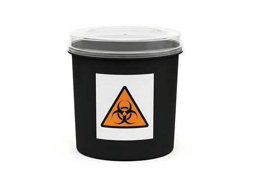 Biohazard waste container with warning symbol