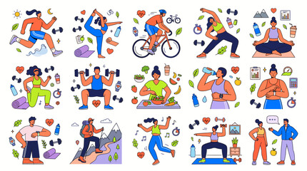 Fototapeta premium Set of flat vector illustrations featuring diverse people engaging in healthy lifestyle with displays collection fifteen stylized flat illustrations showing individuals participating various sports