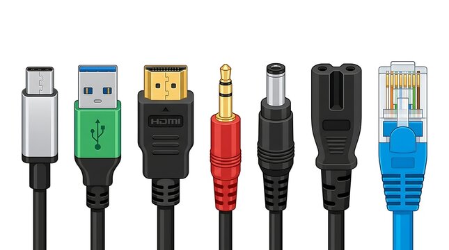 Assorted computer cables with different connectors
