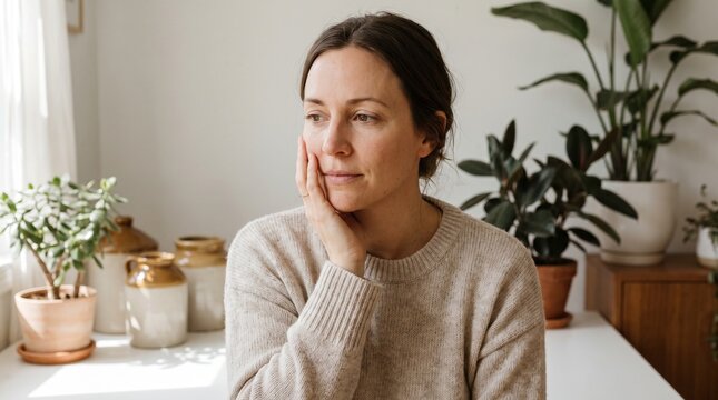 A pensive woman sitting at a table in a bright room filled with indoor plants, looking thoughtfully away from the camera while resting her chin.