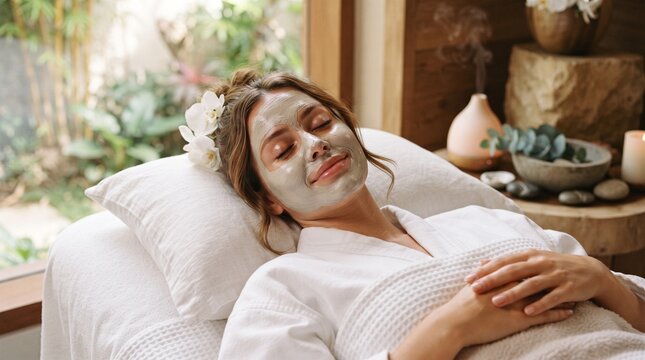 A relaxed woman lying on a spa bed with a grey clay facial mask, wearing a white robe and flowers in her hair in a serene wellness environment.