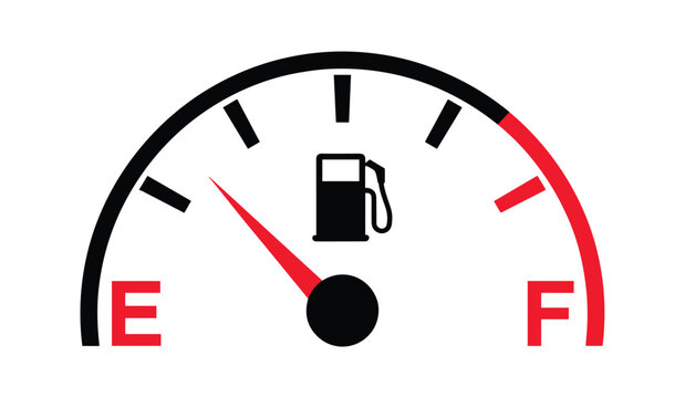 Low Fuel Indicator: A fuel gauge displays a nearly empty tank, with the needle pointing towards 'E' (Empty), signaling a need for refueling.