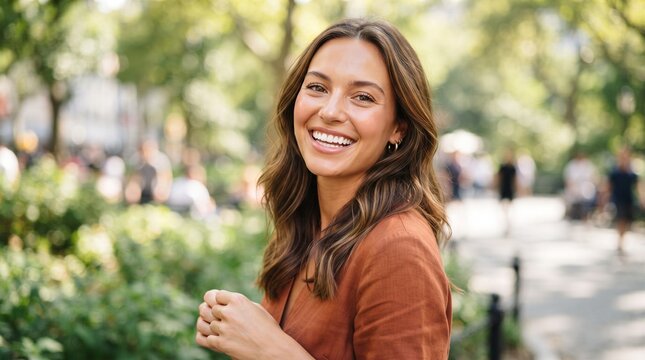 A radiant young woman with long brunette hair smiles warmly in a sunlit park, featuring a natural and vibrant outdoor atmosphere.