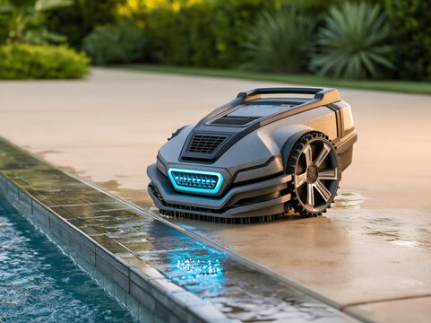 Robotic pool cleaner on wet deck next to water in sunny outdoor setting