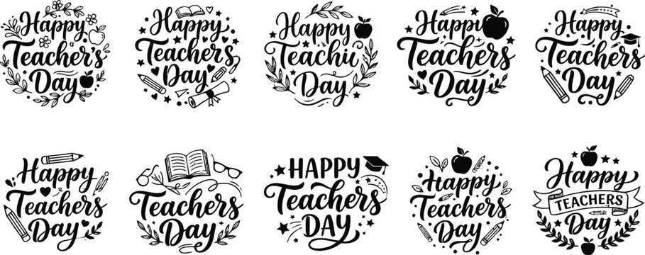 Set of ten hand written happy teachers day typography designs with school icons for cards and posters