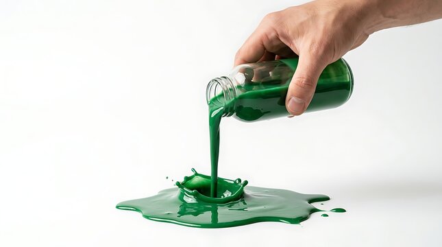 Green paint dripping from bottle onto surface