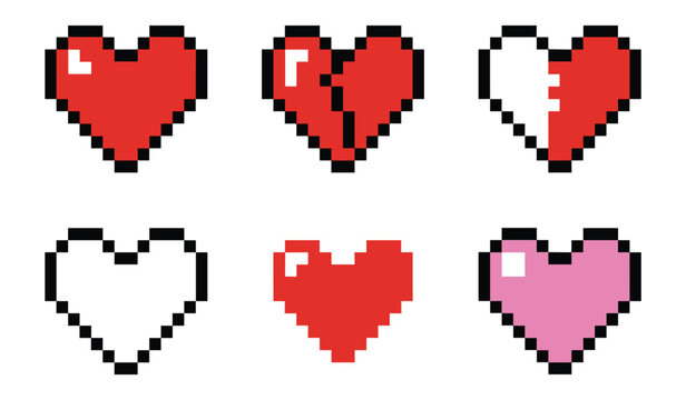 Pixel Heart Collection: A vibrant set of pixelated hearts in various states of wholeness and color, representing love, brokenness, and affection.