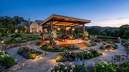 Obraz premium Elegant outdoor stage with grand piano and musical instruments in a luxury garden estate at dusk