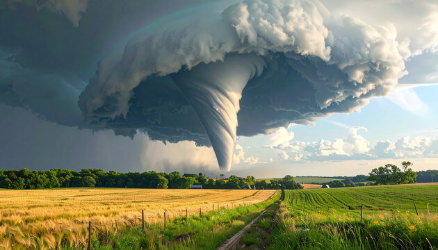 Dramatic tornado funnel cloud over rural farmland fields in an ultra realistic storm.