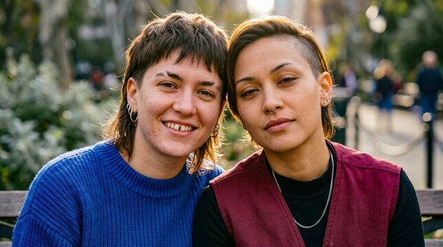 Close Portrait of a Non-Binary Couple Sitting Together in a Park