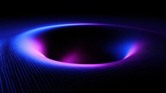 Abstract digital representation of a gravitational wave or black hole warp. This futuristic background visualizes space-time curvature for science and technology concepts.