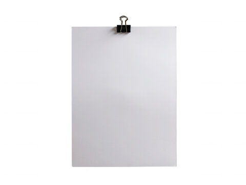 White paper sheet secured with black metal binder clip isolated on transparent background for office documents