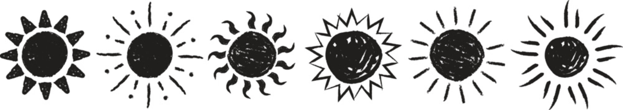 Hand-drawn stylized sun illustration set, doodle-inspired aesthetic vector graphic. 