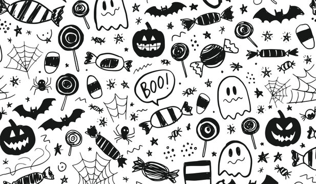A playful and spooky collection of hand-drawn Halloween doodles, featuring grinning pumpkins, mischievous ghosts, flying bats, and sweet candies.