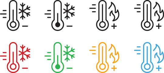Fototapeta premium Set of eight temperature showing cold and hot weather conditions in black red green orange and blue