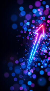 Neon arrow pointing upwards amidst a bokeh of blue and purple light, symbolizing growth, progress, and success in a vibrant, dynamic setting