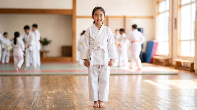Kids karate gi with young girl smiling in dojo, practicing martial arts alongside classmates in background. Karate class encourages discipline and teamwork for kids engaging in physical activity.