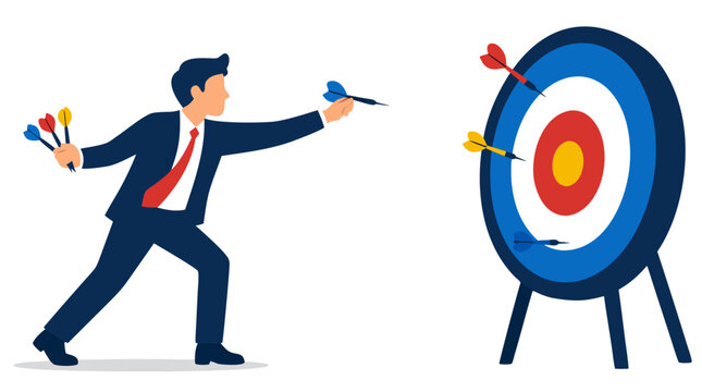 Businessman throwing darts at circular target missing center, flat cartoon vector illustration representing failed strategy, poor aim, marketing mistakes, missed goals, ineffective planning, target