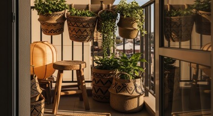 Fototapeta premium Bohemian Balcony Oasis With Hanging Potted Plants And Lantern