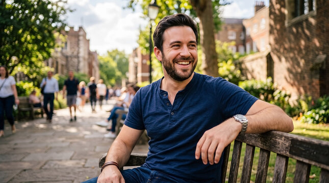 Smiling man in casual henley shirt, sitting on park bench outdoors. Joyful man in casual henley shirt enjoys pleasant moment, surrounded by green trees and old architecture. Modern lifestyle image,