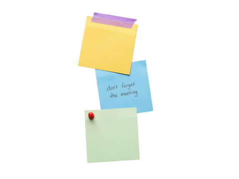 Three colorful sticky notes with handwritten text and red push pin isolated on transparent background for office tasks