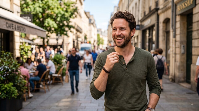 Smiling man in casual henley shirt walking on a sunny urban street, observing architecture and enjoying city atmosphere. Happy man in casual henley shirt exploring pedestrian area.