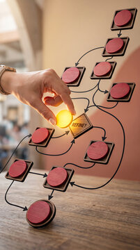 Hand adding a glowing yellow circle to a flowchart, representing a refinement step in a process, symbolizing improvement and decision making