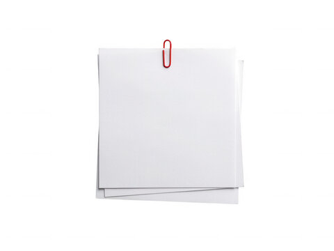 Stack of white blank sticky notes with red paperclip isolated on transparent background for minimal mockups