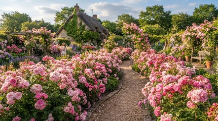 Naklejka premium English country garden path lined with pink rose bushes leading to a charming thatched cottage blooming landscape countryside